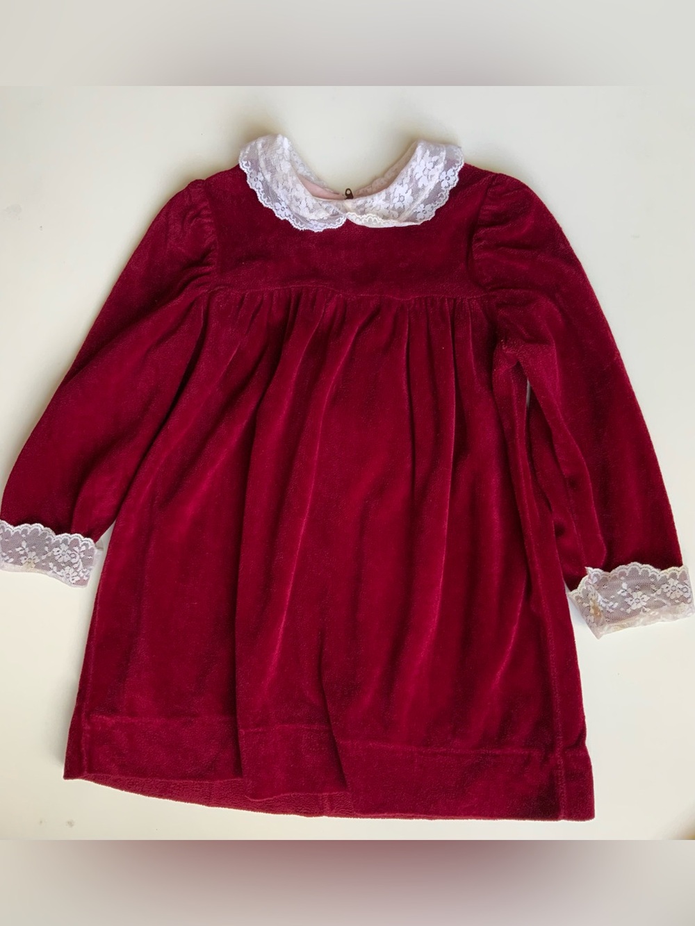 Vintage 90s Girls Velvet Dress with White Lace Collar